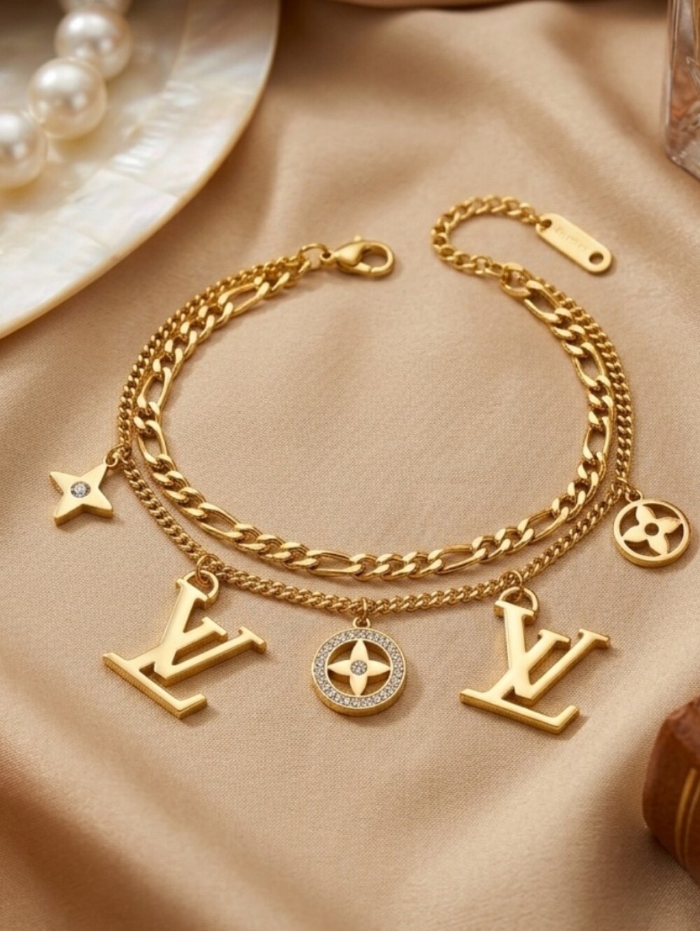 18k Gold Plated Adjustable Bracelet, LV zip Pull Charms, New